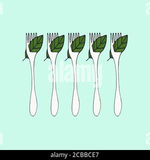 five forks with green leaves on blue background Stock Vector