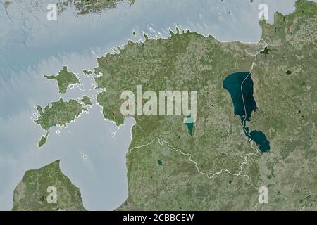 Extended area of Estonia with country outline, international and regional borders. Satellite imagery. 3D rendering Stock Photo