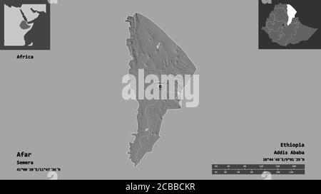 Shape of Afar, state of Ethiopia, and its capital. Distance scale, previews and labels. Bilevel elevation map. 3D rendering Stock Photo