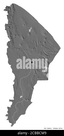 Shape of Afar, state of Ethiopia, with its capital isolated on white background. Bilevel elevation map. 3D rendering Stock Photo