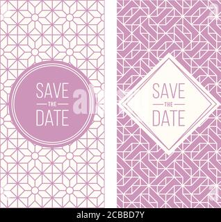 Two retro wedding invitation templates - abstract geometric patterned background and geometric frame. Monoline style. Vector illustration. Pale retro Stock Vector