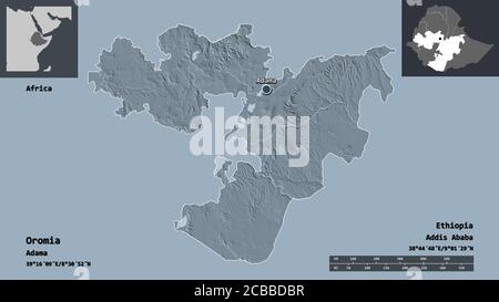 Desaturated shape of Ethiopia with its capital, main regional division and  the separated Oromia area. Labels. Topographic relief map. 3D rendering  Stock Photo - Alamy
