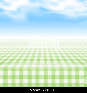Empty picnic table, covered with checkered gingham tablecloth. Clear blue sky background. Summer picnic background for product presentation Vector ill Stock Vector
