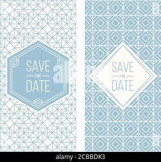 Two retro wedding invitation templates - abstract geometric patterned background and geometric frame. Monoline style. Vector illustration. Pale retro Stock Vector