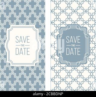 Two retro wedding invitation templates - abstract geometric patterned background and geometric frame. Monoline style. Vector illustration. Pale retro Stock Vector