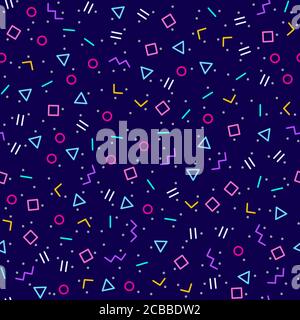 Abstract geometric background with different geometric shapes - triangles, circles, dots, lines. Memphis style. Bright and colorful, 90s style. Vector Stock Vector