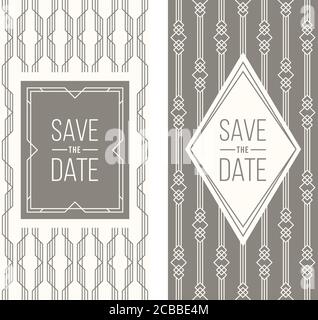 Two retro wedding invitation templates - abstract geometric patterned background and geometric frame. Monoline style. Vector illustration. Pale retro Stock Vector