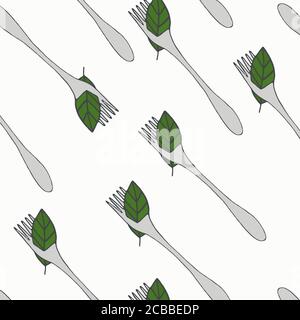 Seamless pattern with forks and green leaves on white background for vegan menu, restaurant invitation, presentation and wrapping papper Stock Vector