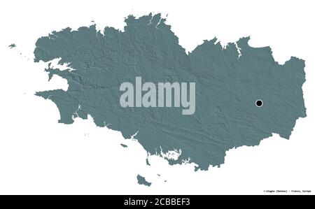 Shape of Bretagne, region of France, with its capital isolated on white background. Colored elevation map. 3D rendering Stock Photo