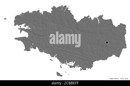 Shape of Bretagne, region of France, with its capital isolated on white background. Bilevel elevation map. 3D rendering Stock Photo