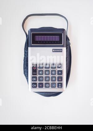 TERRASSA, SPAIN-AUGUST 9, 2020: 1972 Sanyo ICC-810 arithmetic calculator in the National Museum of Science and Technology of Catalonia Stock Photo