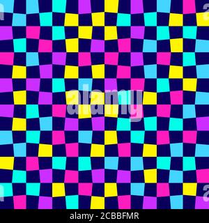 Unequal multicolor checks, abstract colorful checkered background. Vector illustration. Seamless vector pattern. Opt Art. . Bright neon colors. Stock Vector