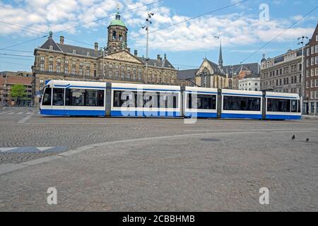 City scenic from Amsterdam at the Dam Square with the Royal Palace in the Netherlands Stock Photo