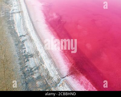 Top view of a pink lake and the shore is covered with a rough layer of salt. Stock Photo