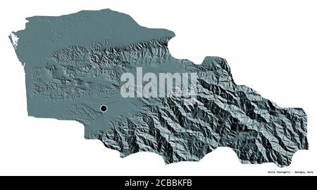 Shape of Guria, region of Georgia, with its capital isolated on white background. Colored elevation map. 3D rendering Stock Photo