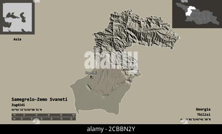 Shape of Samegrelo-Zemo Svaneti, region of Georgia, and its capital. Distance scale, previews and labels. Colored elevation map. 3D rendering Stock Photo