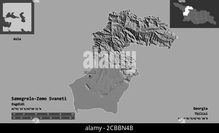 Shape of Samegrelo-Zemo Svaneti, region of Georgia, and its capital. Distance scale, previews and labels. Bilevel elevation map. 3D rendering Stock Photo