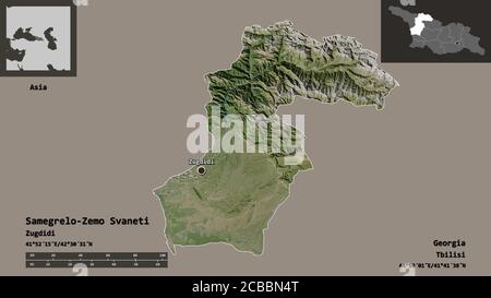 Shape of Samegrelo-Zemo Svaneti, region of Georgia, and its capital. Distance scale, previews and labels. Satellite imagery. 3D rendering Stock Photo
