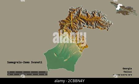 Shape of Samegrelo-Zemo Svaneti, region of Georgia, with its capital isolated on solid background. Distance scale, region preview and labels. Topograp Stock Photo