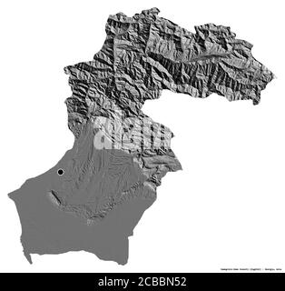 Shape of Samegrelo-Zemo Svaneti, region of Georgia, with its capital isolated on white background. Bilevel elevation map. 3D rendering Stock Photo