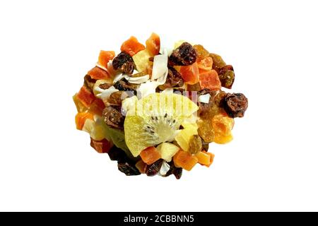 Pile of mixed dried fruits, raisins and coconut flakes isolated on white background. Healthy snack and food. Top view. Asian cocktail mix heap. Stock Photo