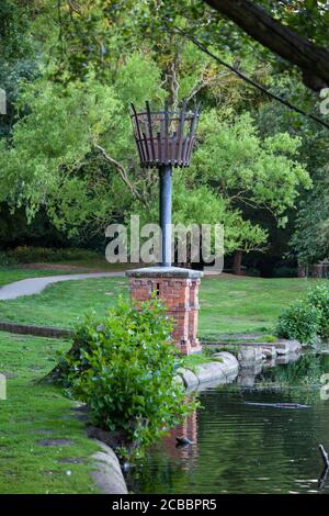 Boultham Park, Lincoln, Originally the park for the Boultham Hall, opened as a public park for the people of Lincoln, Park beacon, Beacon beside lake. Stock Photo