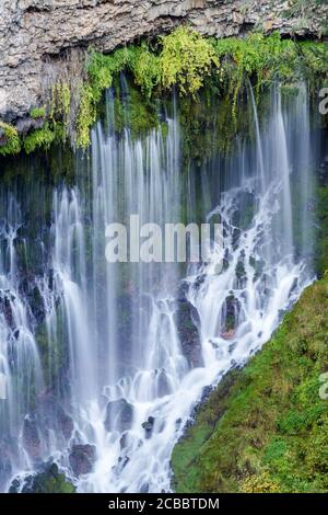 Burney Showers - Detail of the right side of Burney Falls, showing falls and cascades of water. McArthur-Burney Falls State Park, California, USA. Stock Photo