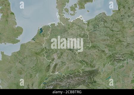 Extended area of Germany with country outline, international and regional borders. Satellite imagery. 3D rendering Stock Photo