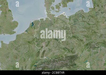 Extended area of outlined Germany. Satellite imagery. 3D rendering Stock Photo