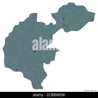 Shape of Ahafo, region of Ghana, with its capital isolated on white background. Colored elevation map. 3D rendering Stock Photo