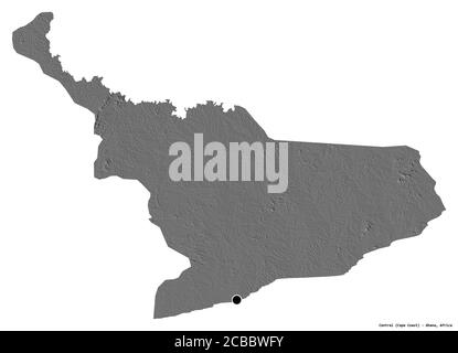 Shape of Central, region of Ghana, with its capital isolated on white background. Bilevel elevation map. 3D rendering Stock Photo