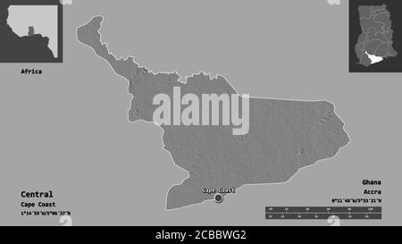 Shape of Central, region of Ghana, and its capital. Distance scale, previews and labels. Bilevel elevation map. 3D rendering Stock Photo