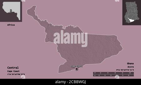 Shape of Central, region of Ghana, and its capital. Distance scale, previews and labels. Colored elevation map. 3D rendering Stock Photo