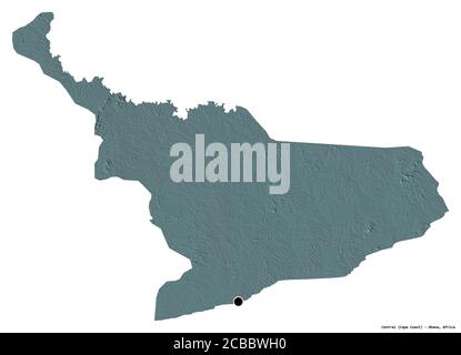 Shape of Central, region of Ghana, with its capital isolated on white background. Colored elevation map. 3D rendering Stock Photo