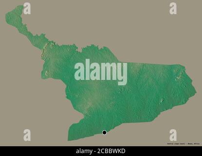 Shape of Central, region of Ghana, with its capital isolated on a solid color background. Topographic relief map. 3D rendering Stock Photo