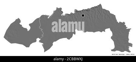 Shape of North East, region of Ghana, with its capital isolated on white background. Bilevel elevation map. 3D rendering Stock Photo
