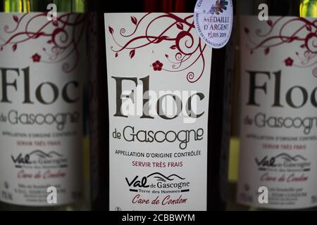Viersen, Germany - July 9. 2020: Closeup of isolated Floc de gascogne bottle labels Stock Photo