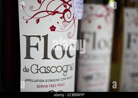 Viersen, Germany - July 9. 2020: Closeup of isolated Floc de gascogne bottle labels Stock Photo