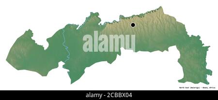 Shape of North East, region of Ghana, with its capital isolated on white background. Topographic relief map. 3D rendering Stock Photo