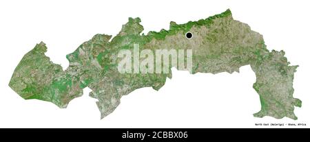 Shape of North East, region of Ghana, with its capital isolated on white background. Satellite imagery. 3D rendering Stock Photo