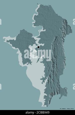 Shape of Oti, region of Ghana, with its capital isolated on a solid color background. Colored elevation map. 3D rendering Stock Photo