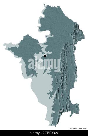 Shape of Oti, region of Ghana, with its capital isolated on white background. Colored elevation map. 3D rendering Stock Photo