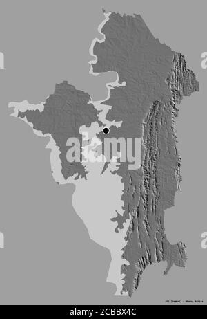 Shape of Oti, region of Ghana, with its capital isolated on a solid color background. Bilevel elevation map. 3D rendering Stock Photo