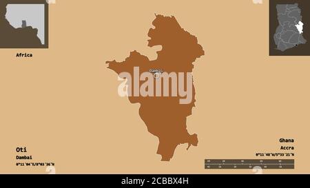 Shape of Oti, region of Ghana, and its capital. Distance scale, previews and labels. Composition of patterned textures. 3D rendering Stock Photo