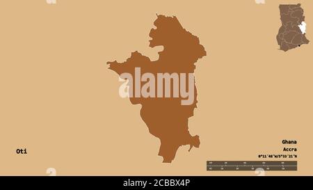 Shape of Oti, region of Ghana, with its capital isolated on solid background. Distance scale, region preview and labels. Composition of patterned text Stock Photo