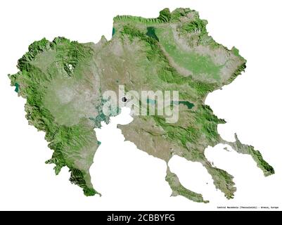 Shape of Central Macedonia, decentralized administration of Greece, with its capital isolated on white background. Satellite imagery. 3D rendering Stock Photo