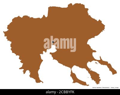 Shape of Central Macedonia, decentralized administration of Greece, with its capital isolated on white background. Composition of patterned textures. Stock Photo