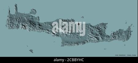 Shape of Crete, decentralized administration of Greece, with its capital isolated on a solid color background. Colored elevation map. 3D rendering Stock Photo