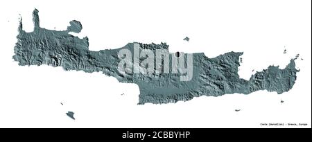 Shape of Crete, decentralized administration of Greece, with its capital isolated on white background. Colored elevation map. 3D rendering Stock Photo