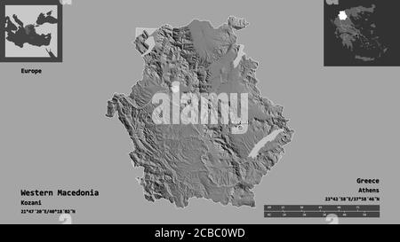 Shape of Western Macedonia, decentralized administration of Greece, and its capital. Distance scale, previews and labels. Bilevel elevation map. 3D re Stock Photo